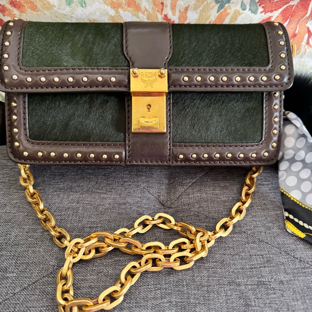 MCM Dark Green Haircalf & Brown Leather Shoulder Bag with Gold Chain